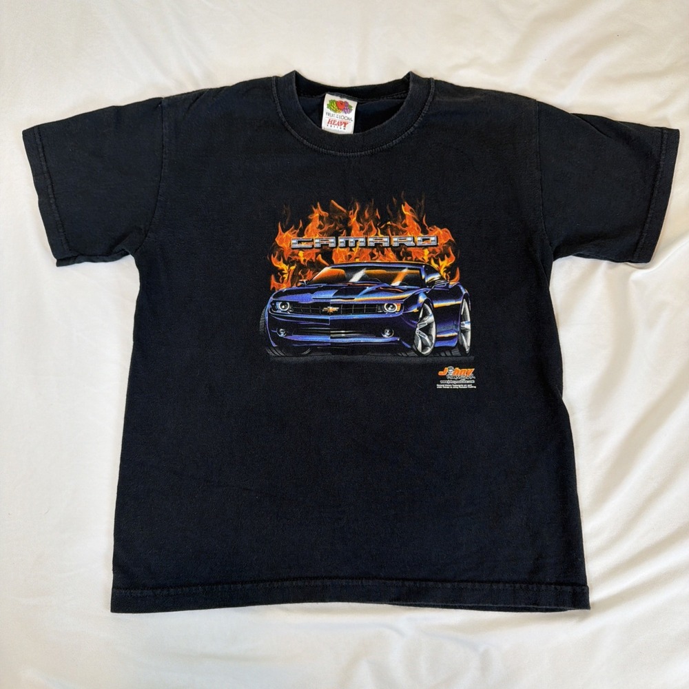 Vintage Y2k Kids Chevy Camaro Flame Distressed Graphic Car Tee Shirt Size 10/12‎